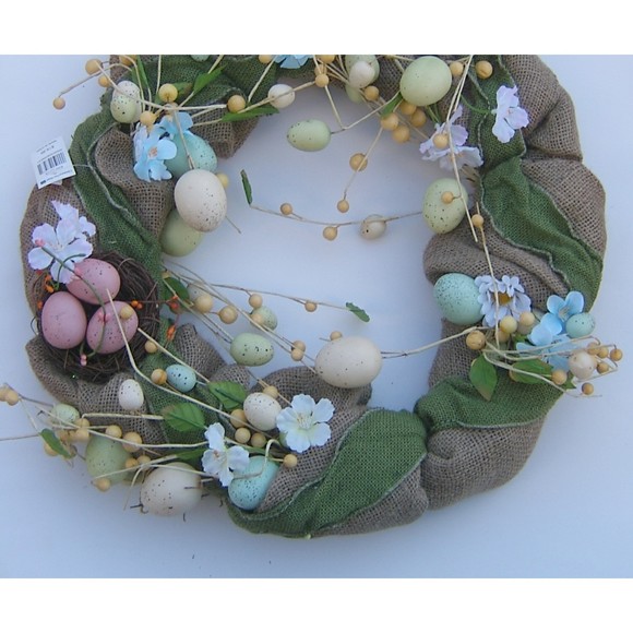 Easter Wreath Burlap Eggs Nest Spring Flowers Natural Country Front Door Decor - Picture 5 of 9